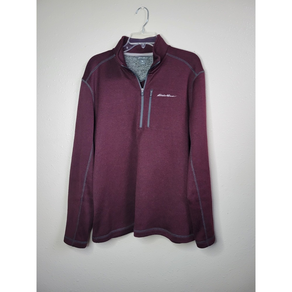Eddie Bauer Mens Fleece 1/4-Zip Pullover Sweater Burgundy Embroidered Logo Sz L
